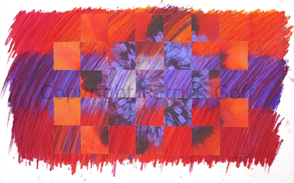 A collage of photographic imagery with oil pastel, roughly 23 x 33 inches