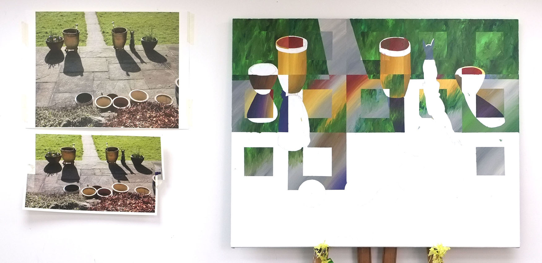 intial photograph, cut and collaged then transferred onto the canvas using the traditional grid