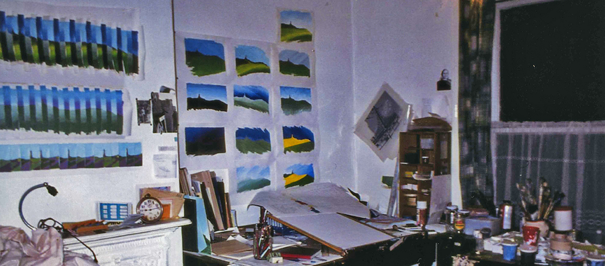 My studio in Darwen - I looked over the railway line onto the moors. Note the photo's of Brighton by the fireplace. The small painted sketches were a daily record of Darwen Twoer in changing light and weather. I do the same now with photo's of my Seaford garden